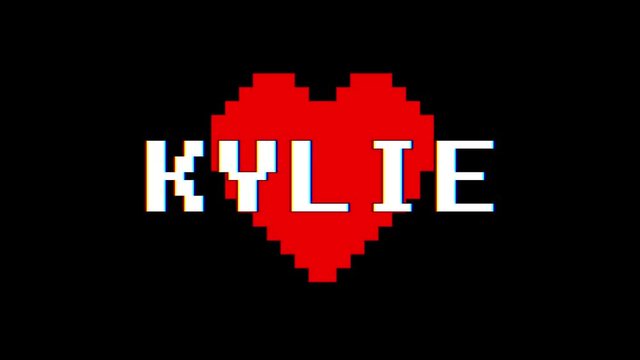 pixel heart KYLIE word text glitch interference screen seamless loop animation background new dynamic retro vintage joyful colorful video footage