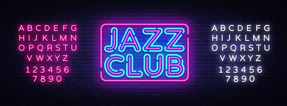 Jazz Club neon sign vector. Jazz Music design template neon sign, light banner, neon signboard, nightly bright advertising. Vector illustration. Editing text neon sign