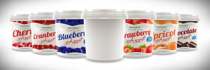 Set of Natural Greek Yogurt packaging container jar design, including strawberry, blueberry, cranberry, cherry, apricot, chocolate taste and blank one, also can be used for ice-cream design