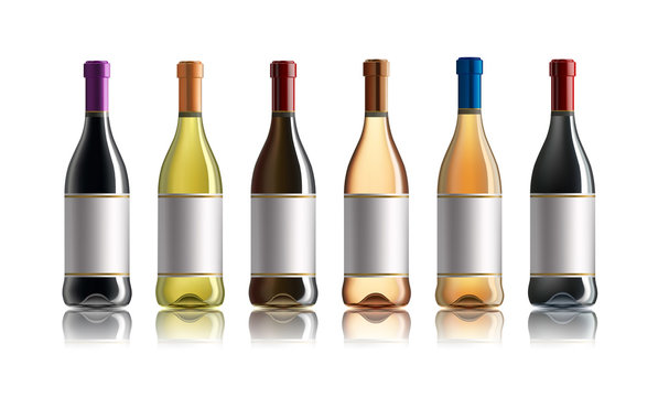 Red wine bottle. Set of white, rose, and red wine bottles. isolated on white background.