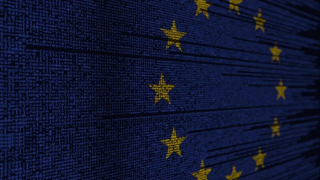 Program code and flag of the EU. European Union digital technology or programming related loopable animation