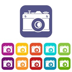 Retro camera icons set vector illustration in flat style in colors red, blue, green, and other