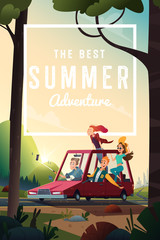 Young happy people going by a car from the city to the nature. Student vacation concept. Beautiful summer landscape. 