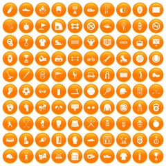 100 sport equipment icons set in orange circle isolated on white vector illustration