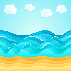 Summer cartoon of beach scene with sand beach, sea waves and fluffy clouds. Holiday vector illustration. Design for summer tourism