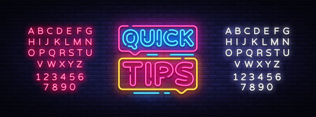 Quick Tips Neon sign vector design template. Quick tips neon text, light banner design element colorful modern design trend, night bright advertising, bright sign. Vector. Editing text neon sign