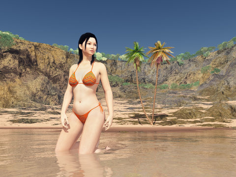 Beautiful Asian woman in bikini near the beach