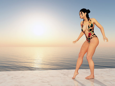Beautiful Asian woman in swimsuit by the sea in the evening sun