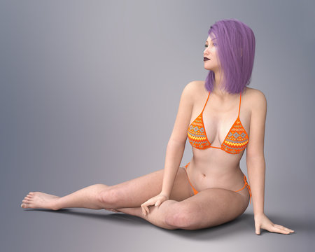 Young Asian woman in bikini with violet hair 