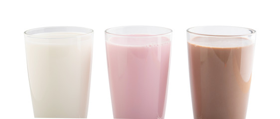 Strawberry, chocolate and fresh milk in a glass isolated on white, Top view, clipping path.