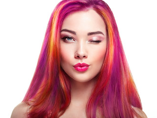 Beauty Fashion Model Girl with Colorful Dyed Hair. Girl with perfect Makeup and Hairstyle. Model with perfect Healthy Dyed Hair. Rainbow Hairstyles