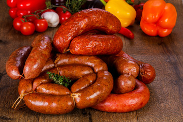 Pork sausages over wooden