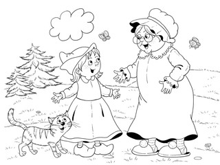 Little Red Riding Hood. Fairy tale. Coloring book. Coloring page. Cute and funny cartoon characters