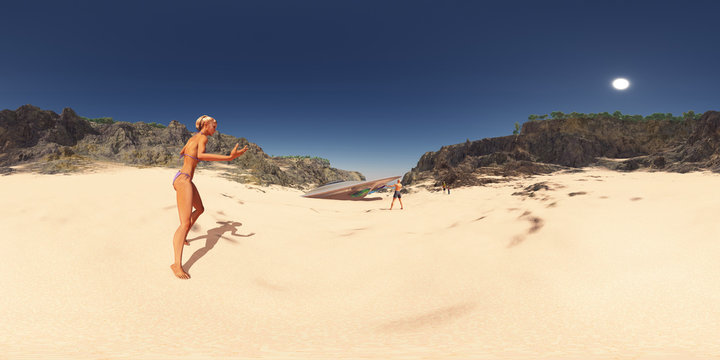 Spherical 360 degrees seamless panorama with crashed spacecraft at the beach