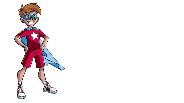 Little Superboy on White / Seamless looping animation of a superhero boy smiling happy while wearing a blue cape against white background. Alpha channel is included.