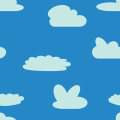 Seamless background with blue sky and white cartoon clouds. Vector illustration.
