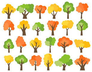 Set of twenty four green, yellow and red trees. Vector illustration
