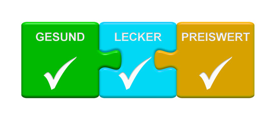 3 Puzzle Buttons zeigen Gesund Lecker Preiswert