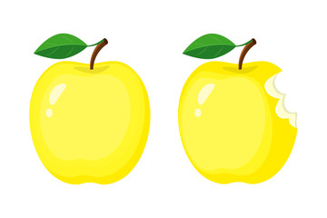 Whole and bitten yellow apples. Vector illustration isolated on 