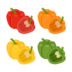 Set of red, orange, green and yellow whole and half  bell pepper