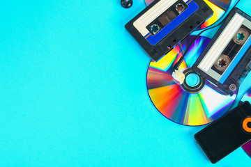 The concept of the evolution of music. Cassette, CD-disk, mp3 player. Vintage and modernity. Music...