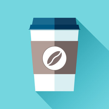 Plastic Coffee cup in flat style on blue background. Drink with you. Simple object. Vector design element for your project
