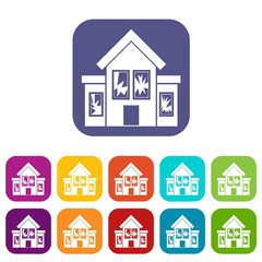House with broken windows icons set vector illustration in flat style in colors red, blue, green, and other