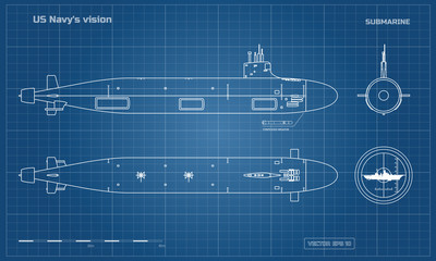 Fototapeta premium Projekt łodzi podwodnej. Statek wojskowy. Widok z góry, z przodu i z boku. Model pancernika. Rysunek przemysłowy. Okręt wojenny w stylu konspektu