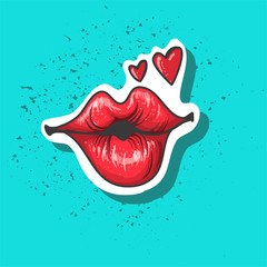 Lips kiss. Vector patch, sticker isolated on blue. Patched Cool sexy red kissed. Cartoon comics Sign for print, Fashion, pop art, retro style 80-s 90s