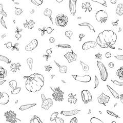 Vector seamless pattern retro drawing of vegetables. Can be used for web page background, fills drawings, wallpapers, surface textures.