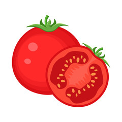 Colorful whole and half  red tomato vegetable vector illustratio