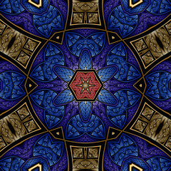 Abstrakt fraktal hexagon Muster blau rot gold
