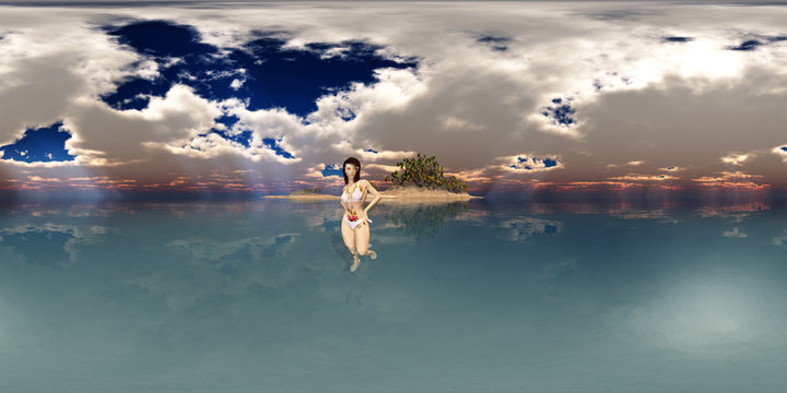 360 Grad Panorama mit attraktiver Frau im Bikini vor einer Insel im Meer