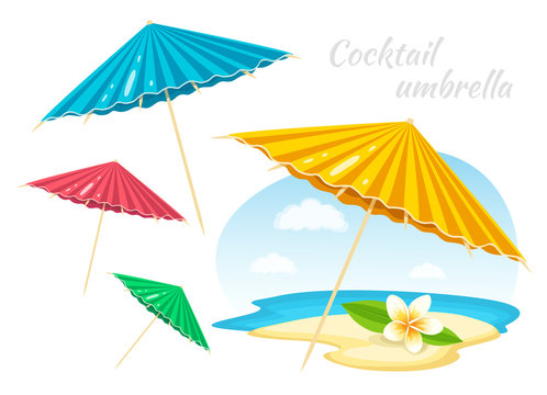 Colorful Umbrellas with Plumeria Flower. Summer Time Vacation Attribute. Decoration element. Vector Illustration