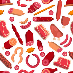 Seamless pattern with pictures of meat products. Pictures for butcher shop