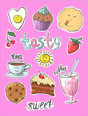Healthy tasty breakfast collection fashion patch badges. big set of stickers of cute pancakes and cookeis of different flavors. choose your breakfast page