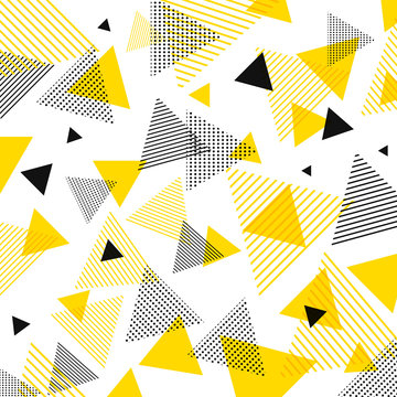 Abstract Modern Yellow, Black Triangles Pattern With Lines Diagonally On White Background.