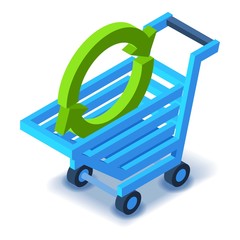 Shopping cart with green arrow icon. Isometric illustration of shopping cart vector icon for web design