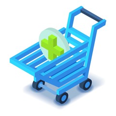 Shopping cart with green cross icon. Isometric illustration of shopping cart vector icon for web design