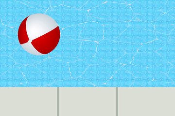 White and red plastic ball in a pool in summer seen from above.