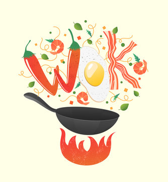 Wok logo for thai or chinese restaurant. Stir fry with edible letters. Cooking process vector illustration. Flipping Asian food in a pan over fire. Cartoon flat style