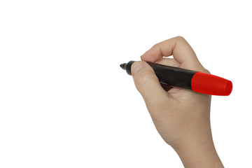 Manual work on the copy. Beautiful woman hand holding a black marker. Brightly lit with backlight and isolated on white background.