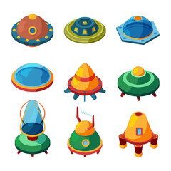 UFO and aliens isometric. Vector space plates isolate