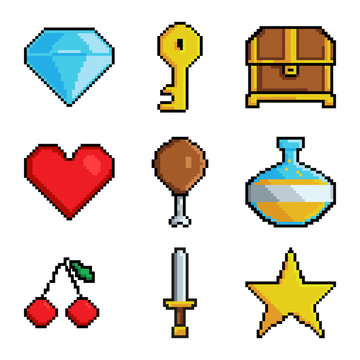 Pixel graphic game objects. 8 bit style pictures for various games