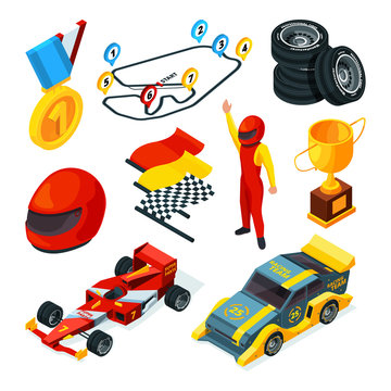 Sport racing symbols. Isometric pictures of racing cars and formula 1 symbols