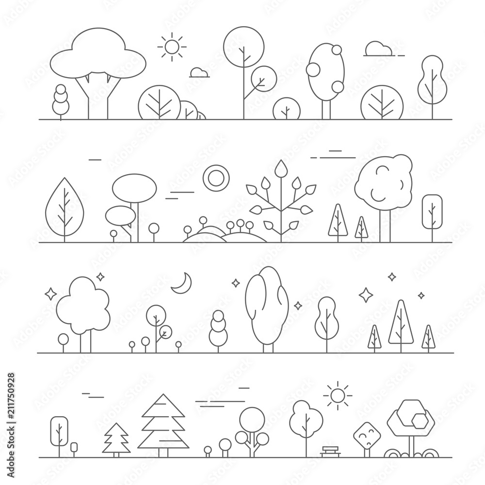 Poster Landscapes with plants. Vector mono line pictures of hills and trees