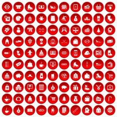 100 winter shopping icons set in red circle isolated on white vectr illustration