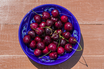 blue plate of ripe sweet cherry on  wooden table