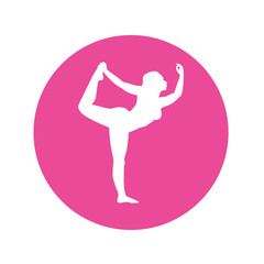 Icono plano postura de yoga mujer de pie en circulo rosa