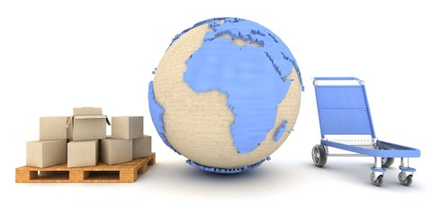 Hand truck with cardboard boxes.3-d Illustration.